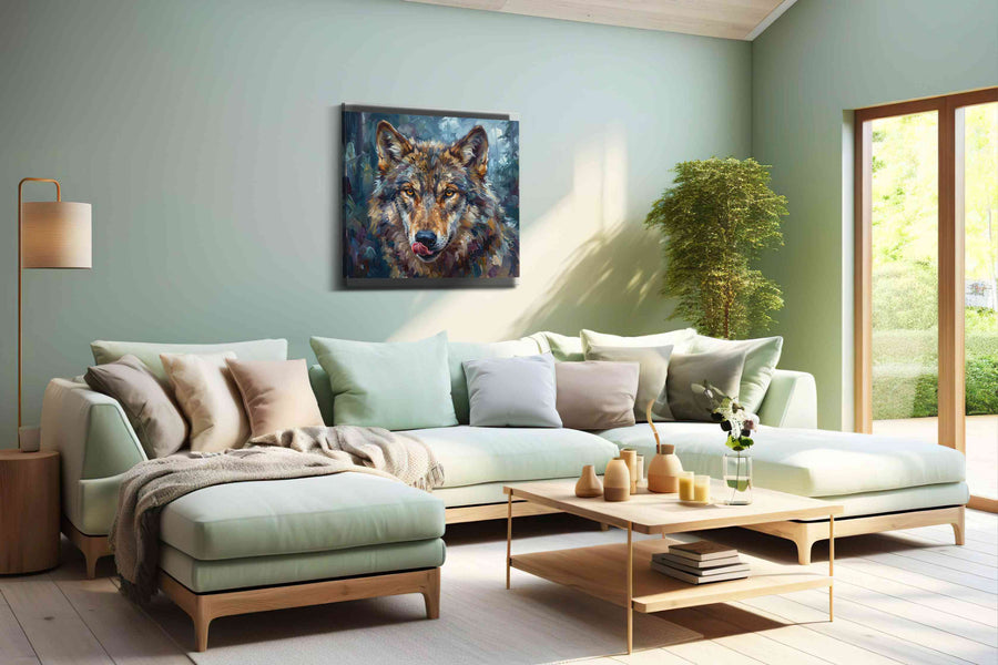 Soul of the Forest Guardian wolf canvas print shown in a wall scene