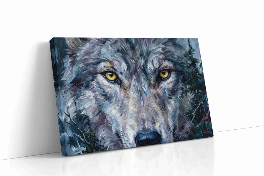 Stare of the Wild Guardian wolf canvas print gallery-wrapped landscape canvas studio shot