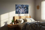 Stare of the Wild Guardian wolf canvas print, displayed in a bedroom