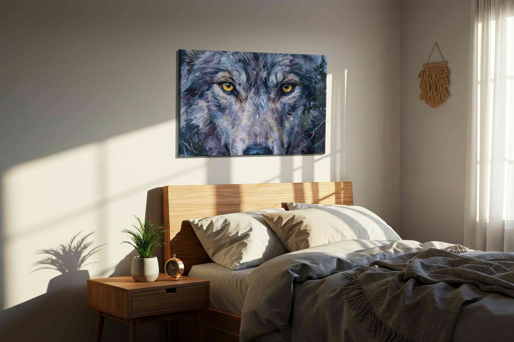 Stare of the Wild Guardian wolf canvas print, displayed in a bedroom