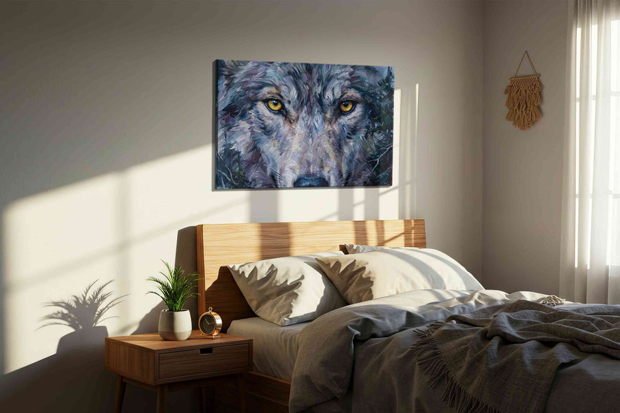 Stare of the Wild Guardian wolf canvas print, displayed in a bedroom