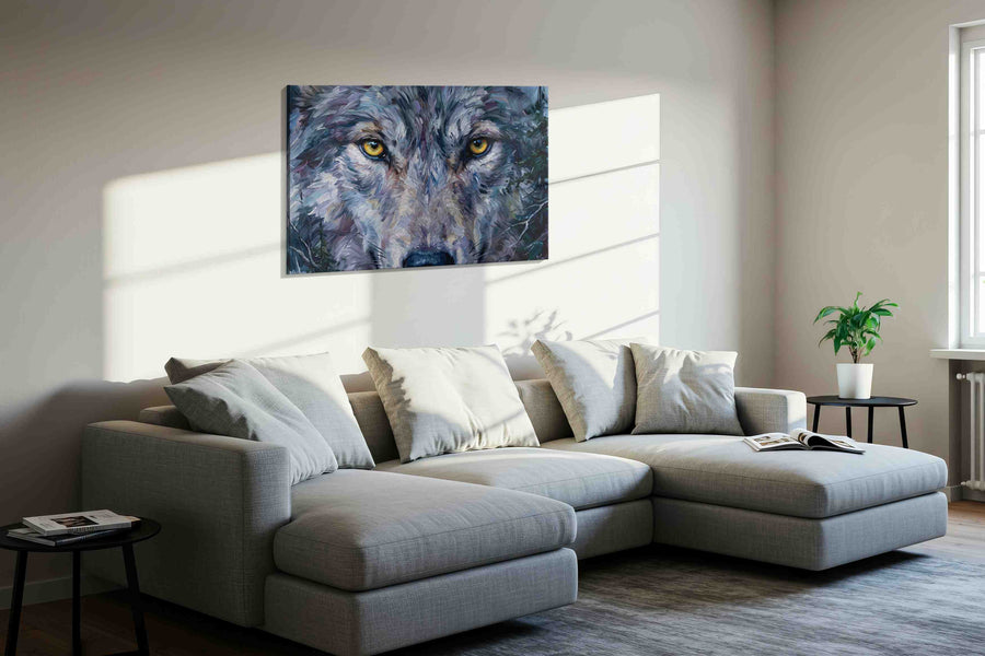 Stare of the Wild Guardian wolf canvas print styled in a living room