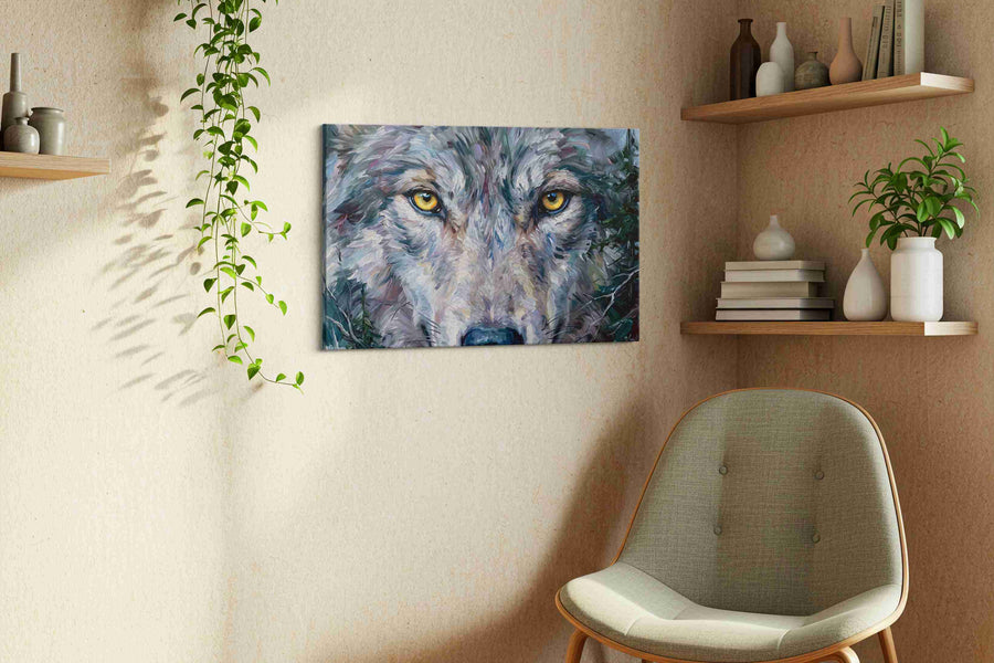 Stare of the Wild Guardian wolf canvas print, displayed in a living room