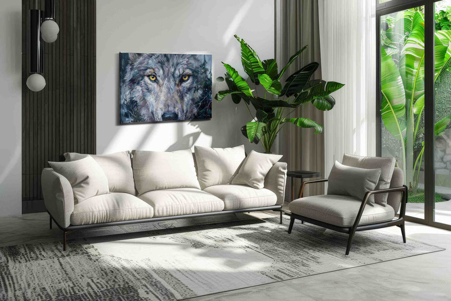 Stare of the Wild Guardian wolf canvas print, on wall, lifestyle preview