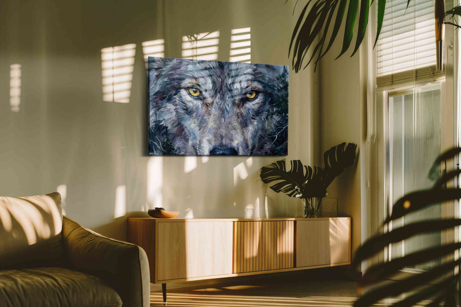 Stare of the Wild Guardian wolf canvas print, hanging on wall