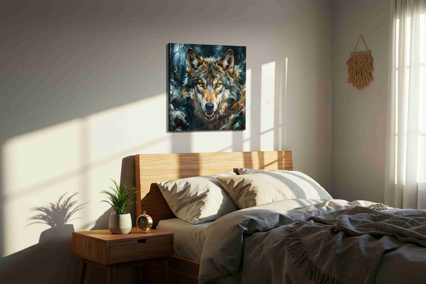 The Luminous Gaze wolf canvas print, displayed in a bedroom