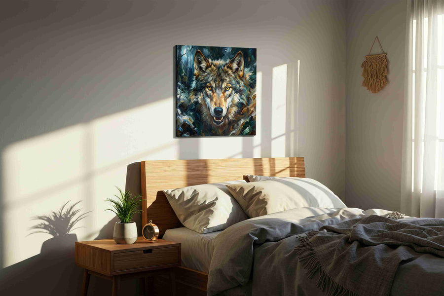 The Luminous Gaze wolf canvas print, displayed in a bedroom