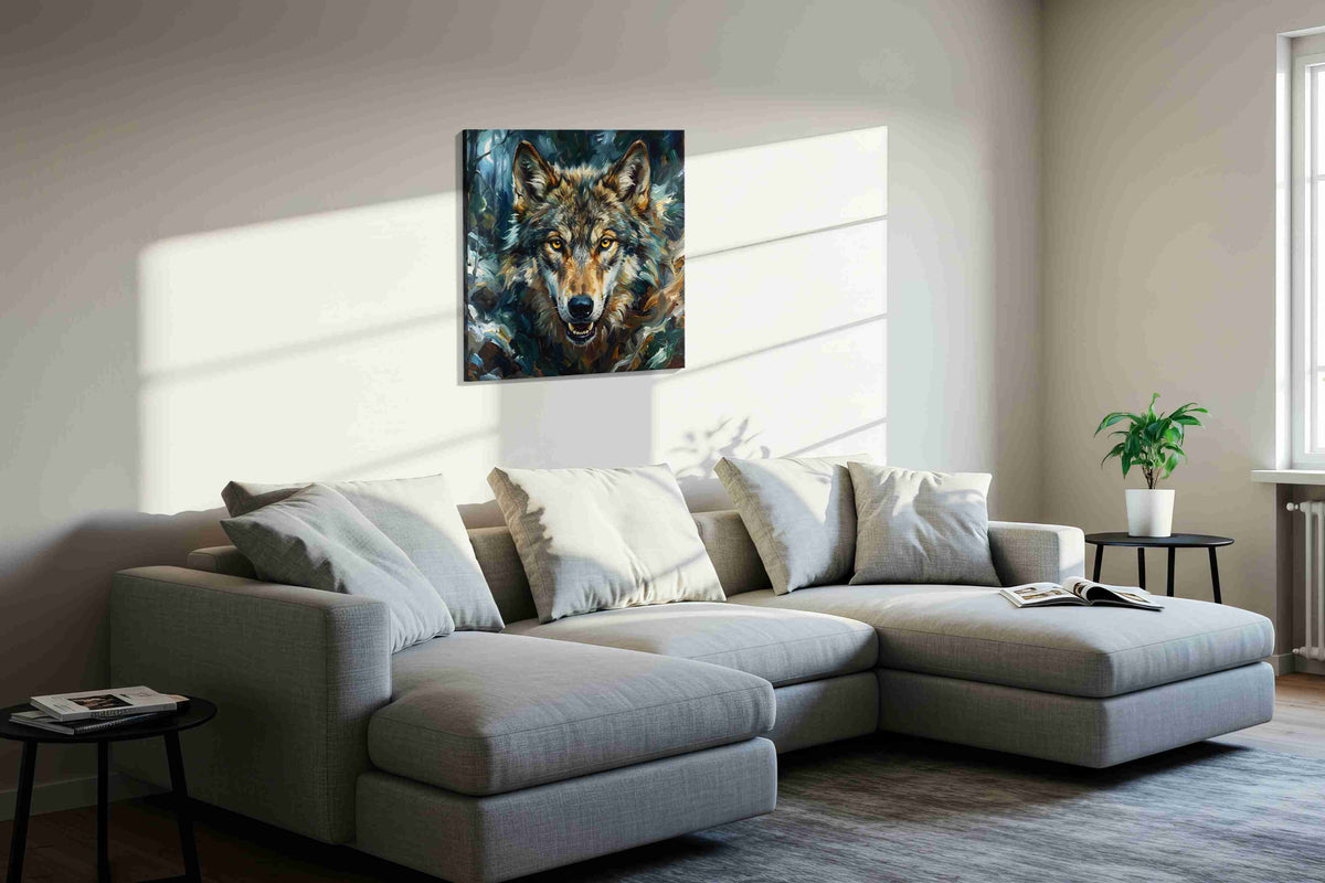 The Luminous Gaze wolf canvas print in a living room scene