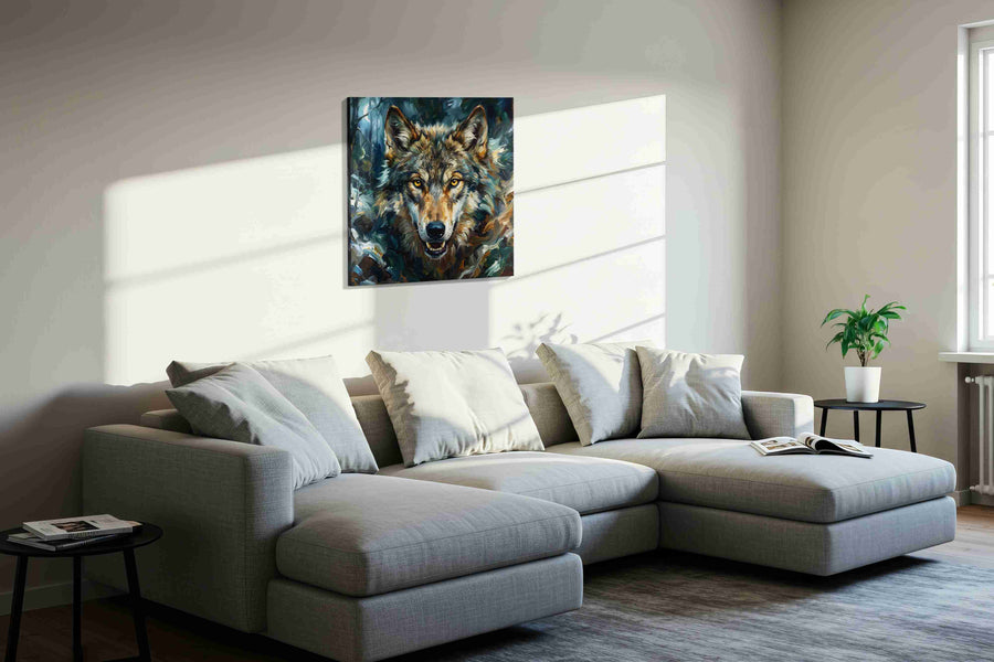 The Luminous Gaze wolf canvas print in a living room scene