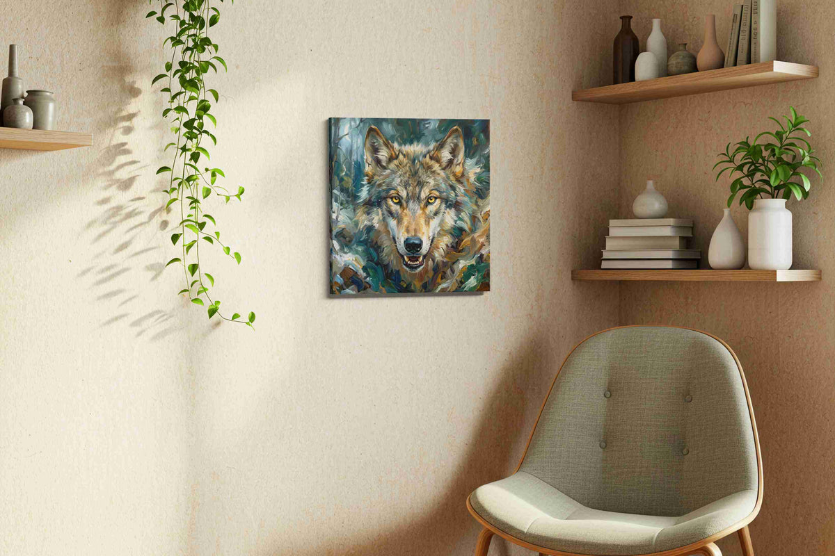 The Luminous Gaze wolf canvas print, displayed in a living room