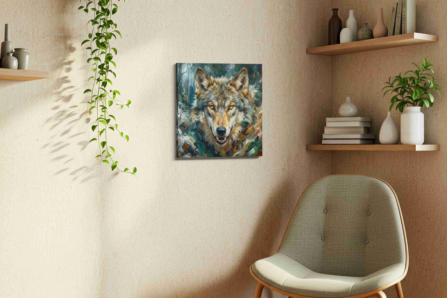 The Luminous Gaze wolf canvas print, displayed in a living room