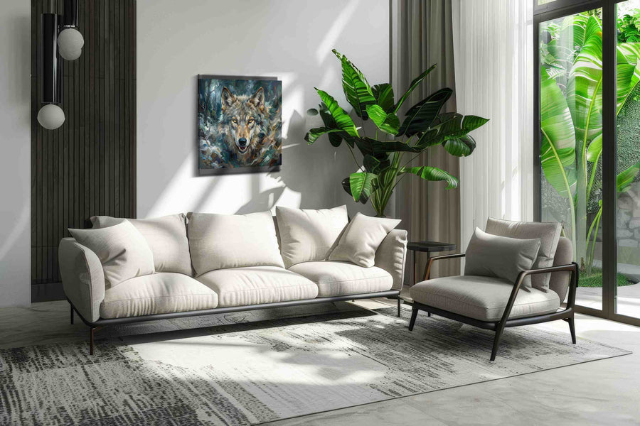 The Luminous Gaze wolf canvas print, on wall, lifestyle preview