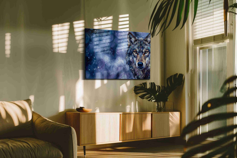 Twilight Gaze of the Wilderness wolf canvas print styled in a living room