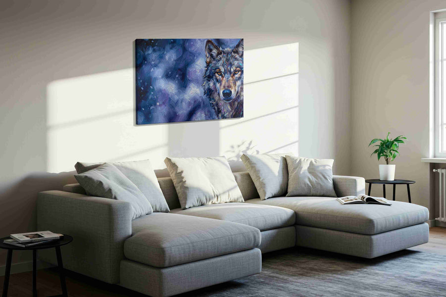 Twilight Gaze of the Wilderness wolf canvas print, displayed in a living room