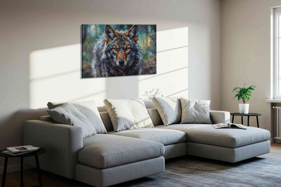 Twilight Guardian wolf canvas print in a living room scene