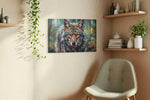 Twilight Guardian wolf canvas print, displayed in a living room