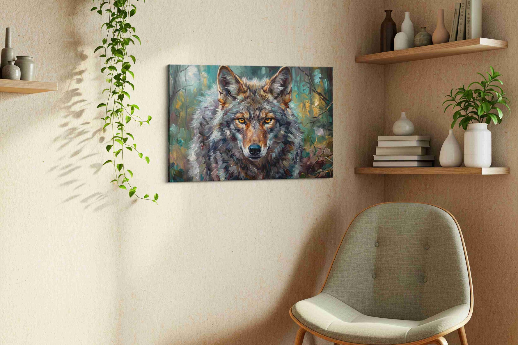 Twilight Guardian wolf canvas print, displayed in a living room