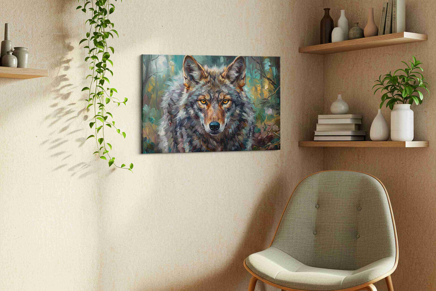 Twilight Guardian wolf canvas print, displayed in a living room
