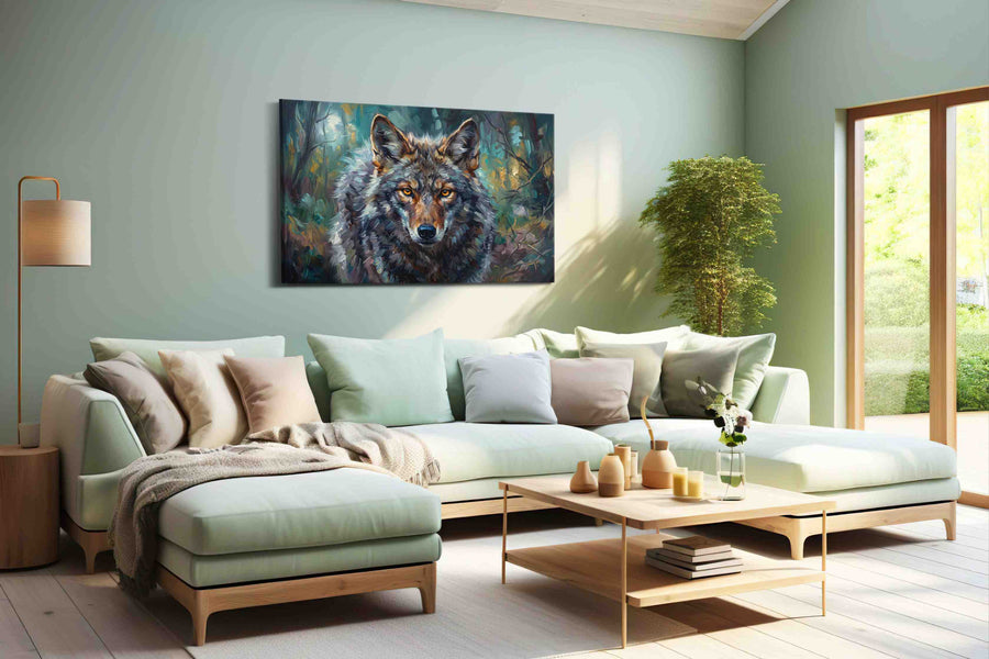 Twilight Guardian wolf canvas print, hanging on wall