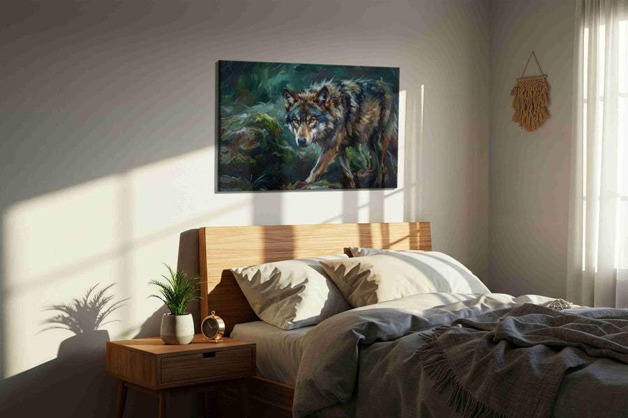 Whisper of the Wild (Wolf) - Wolf Wall Art, Wildlife Canvas Print, Nature Predator Art in a bedroom scene