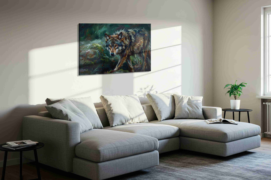 Whisper of the Wild wolf canvas print, displayed in a living room