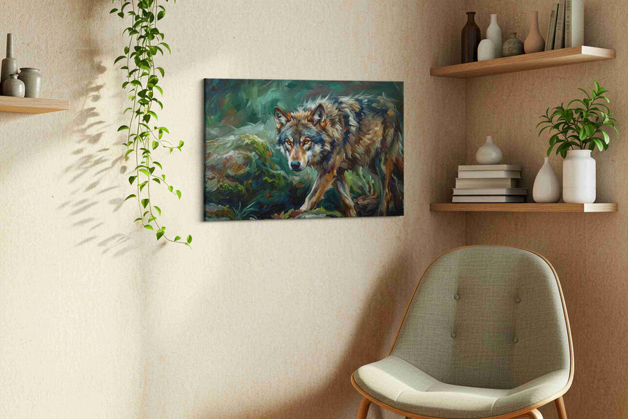 Whisper of the Wild wolf canvas print in a living room scene