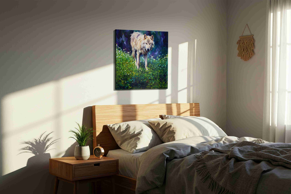 Whisper of the Wilderness (Wolf) - Wolf Wall Art, Wildlife Canvas Print, Nature Predator Art in a bedroom scene