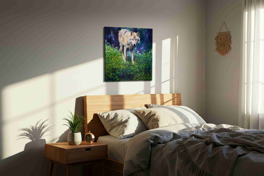 Whisper of the Wilderness (Wolf) - Wolf Wall Art, Wildlife Canvas Print, Nature Predator Art in a bedroom scene