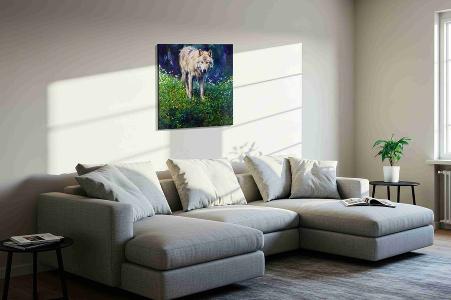 Whisper of the Wilderness wolf canvas print in a living room scene
