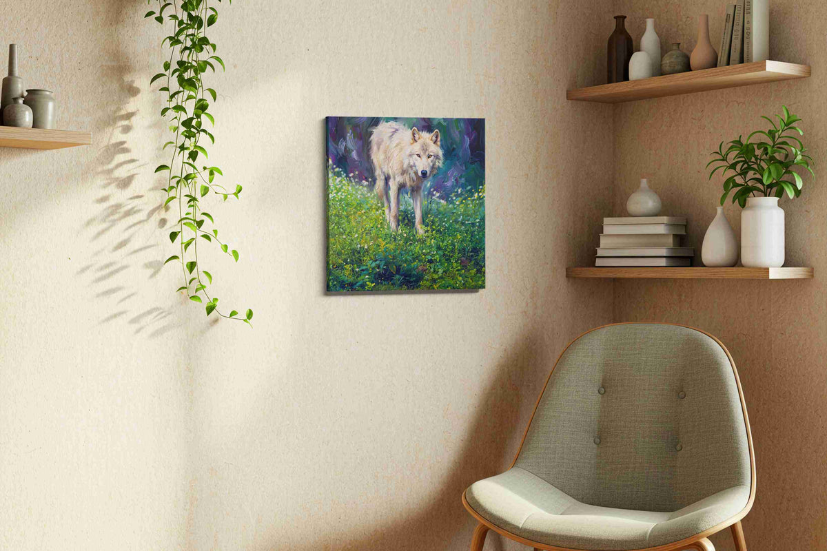 Whisper of the Wilderness wolf canvas print, displayed in a living room