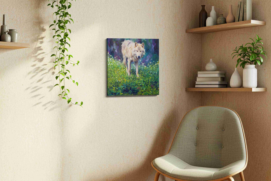 Whisper of the Wilderness wolf canvas print, displayed in a living room