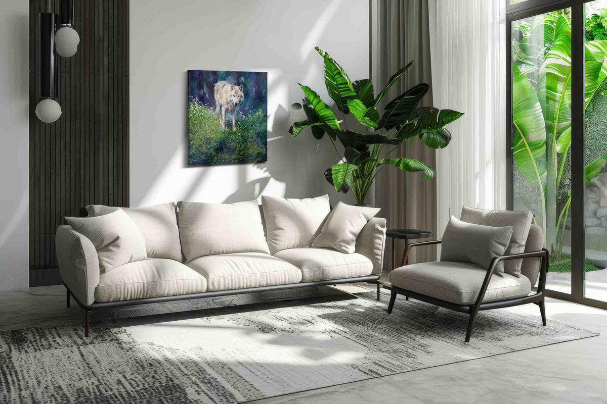 Whisper of the Wilderness wolf canvas print, on wall, lifestyle preview