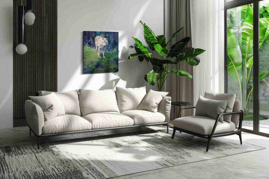 Whisper of the Wilderness wolf canvas print, on wall, lifestyle preview