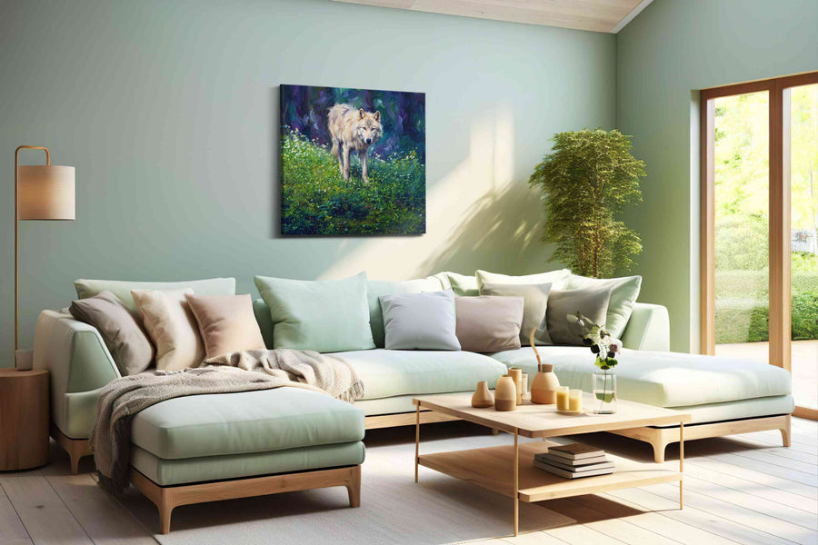 Whisper of the Wilderness wolf canvas print, hanging on wall