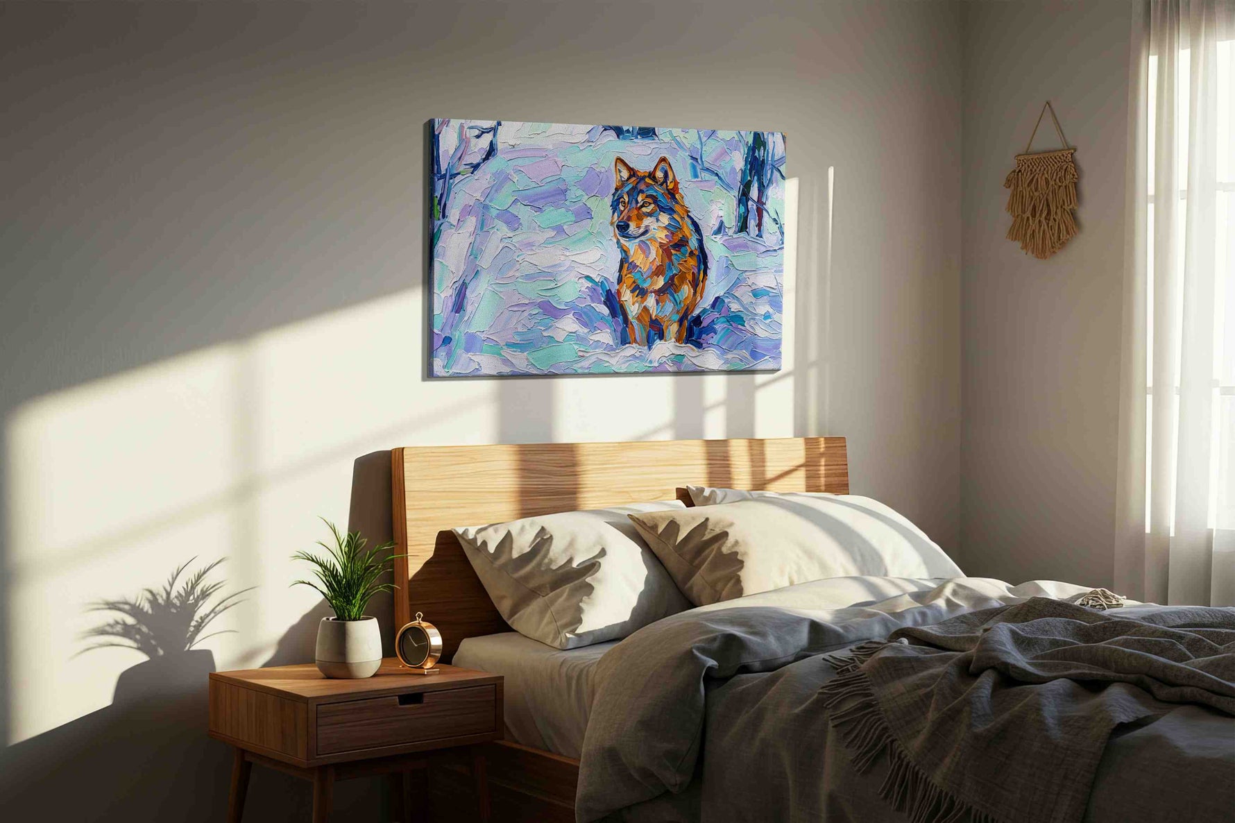 Winter Vigil in Pastel (Wolf) - Animals, Animal Wall Art, Wildlife Canvas Print, Animal Lover Decor in a bedroom scene