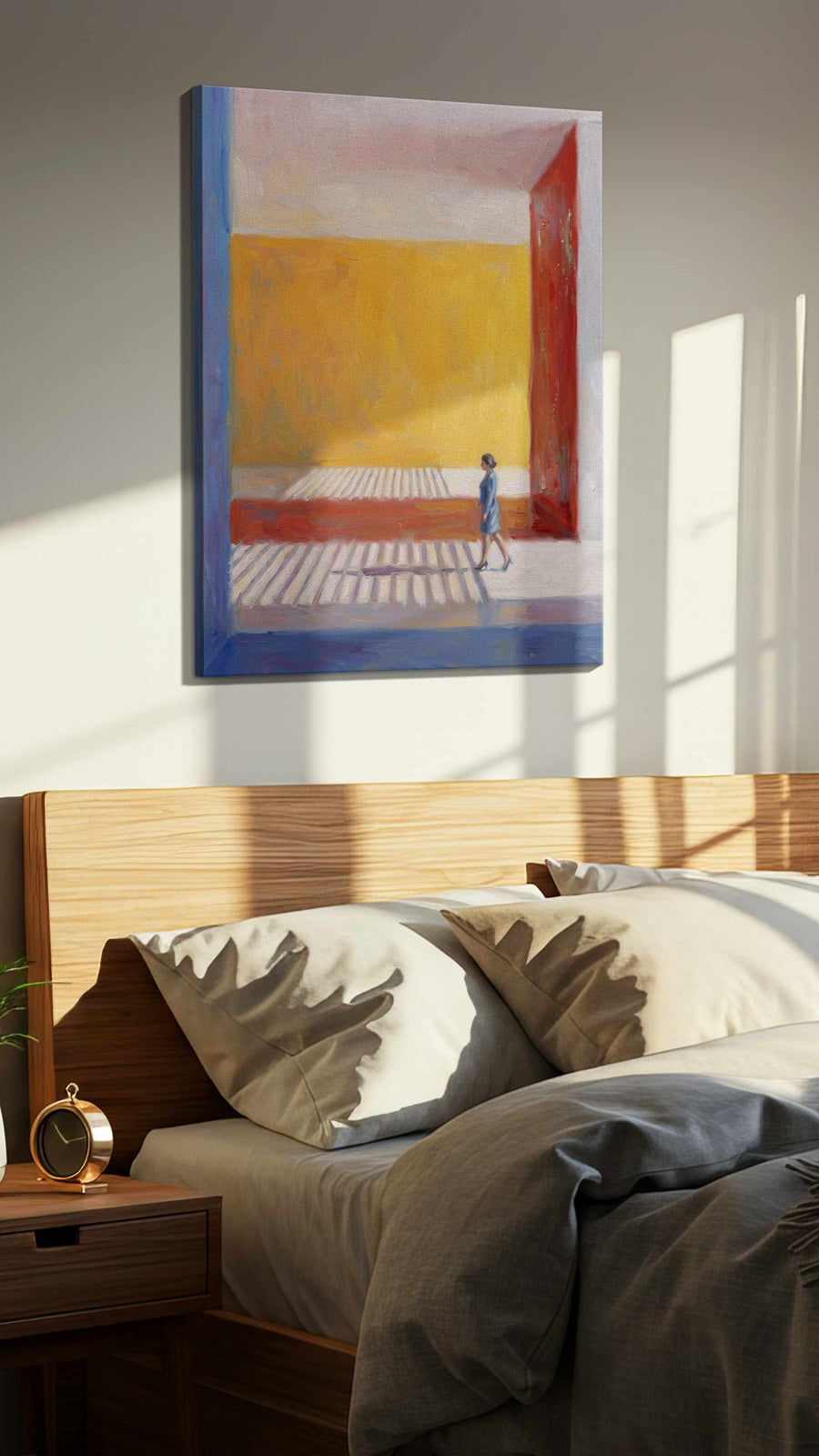 A Journey Through Light abstract canvas print, displayed in a bedroom