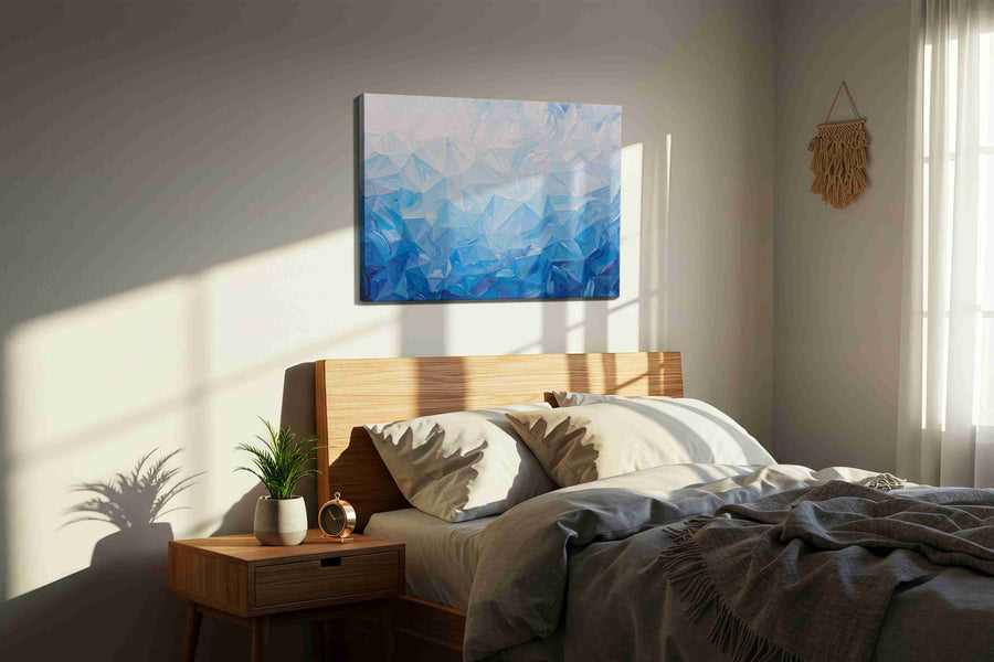 Azure Symphony of Waves geometric canvas print, displayed in a bedroom