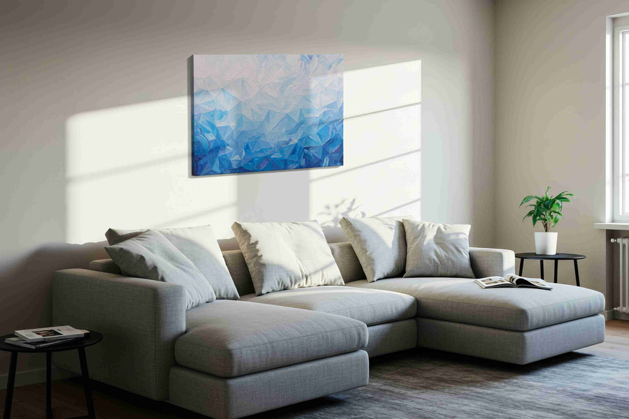 Azure Symphony of Waves geometric canvas print in a living room scene