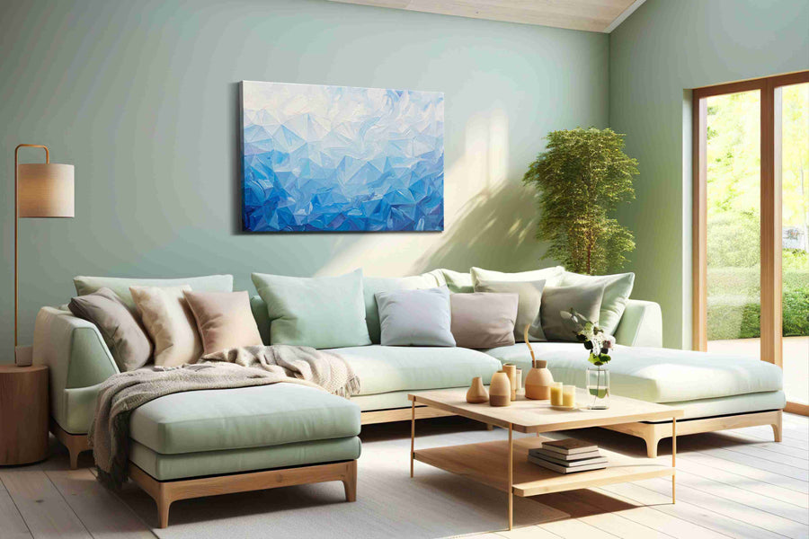 Azure Symphony of Waves geometric canvas print, hanging on wall