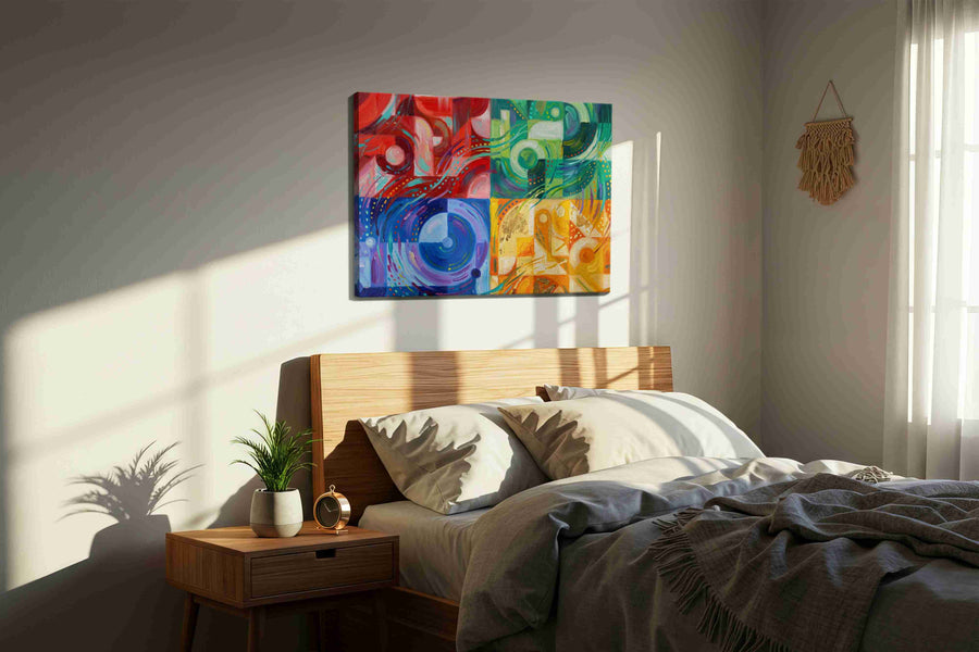 Chromatic Whirlwind Symphony geometric canvas print, displayed in a bedroom