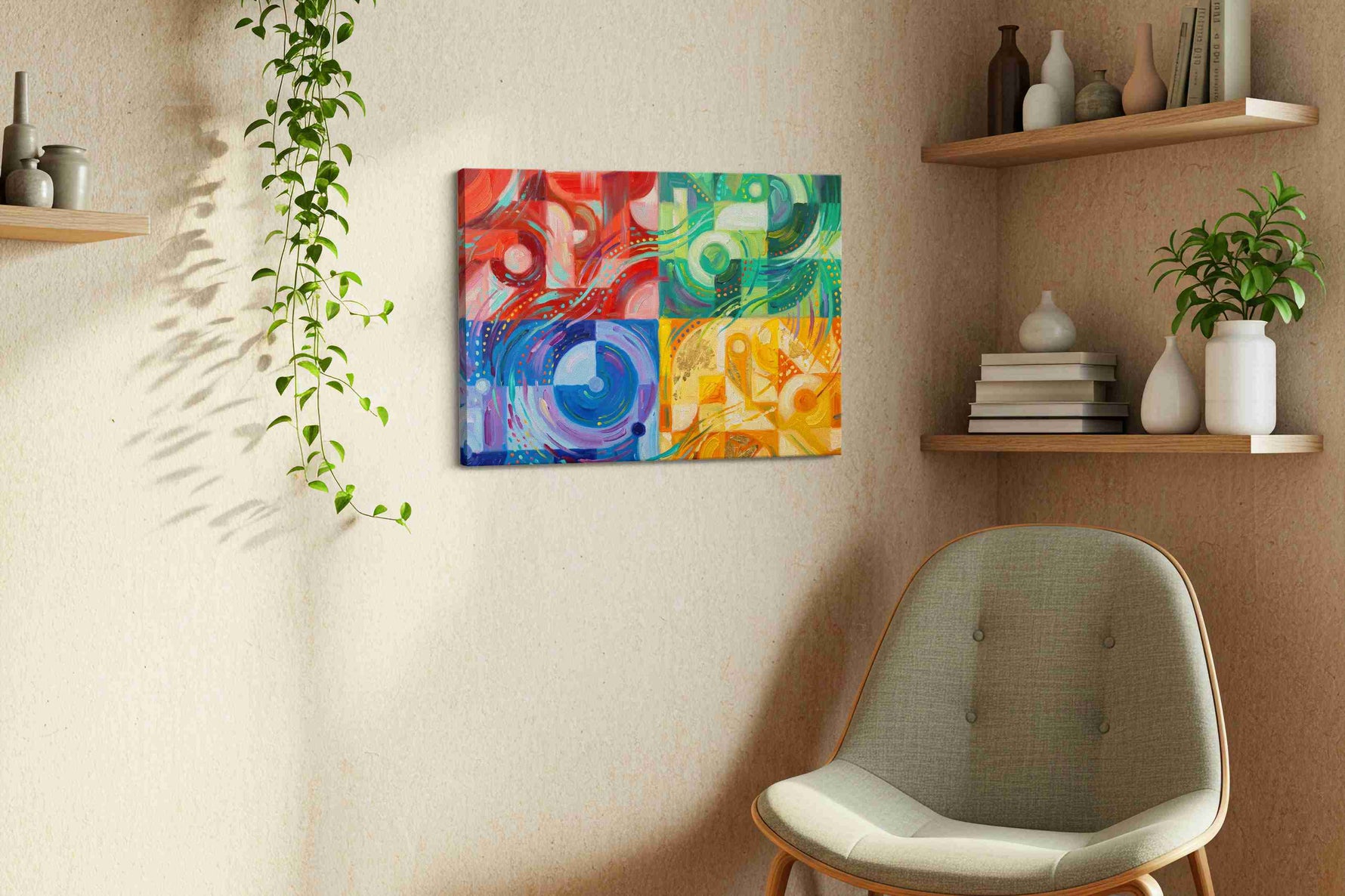 Chromatic Whirlwind Symphony geometric canvas print, hanging on wall — view 3