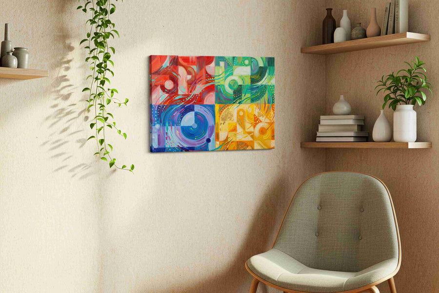 Chromatic Whirlwind Symphony geometric canvas print, hanging on wall — view 3