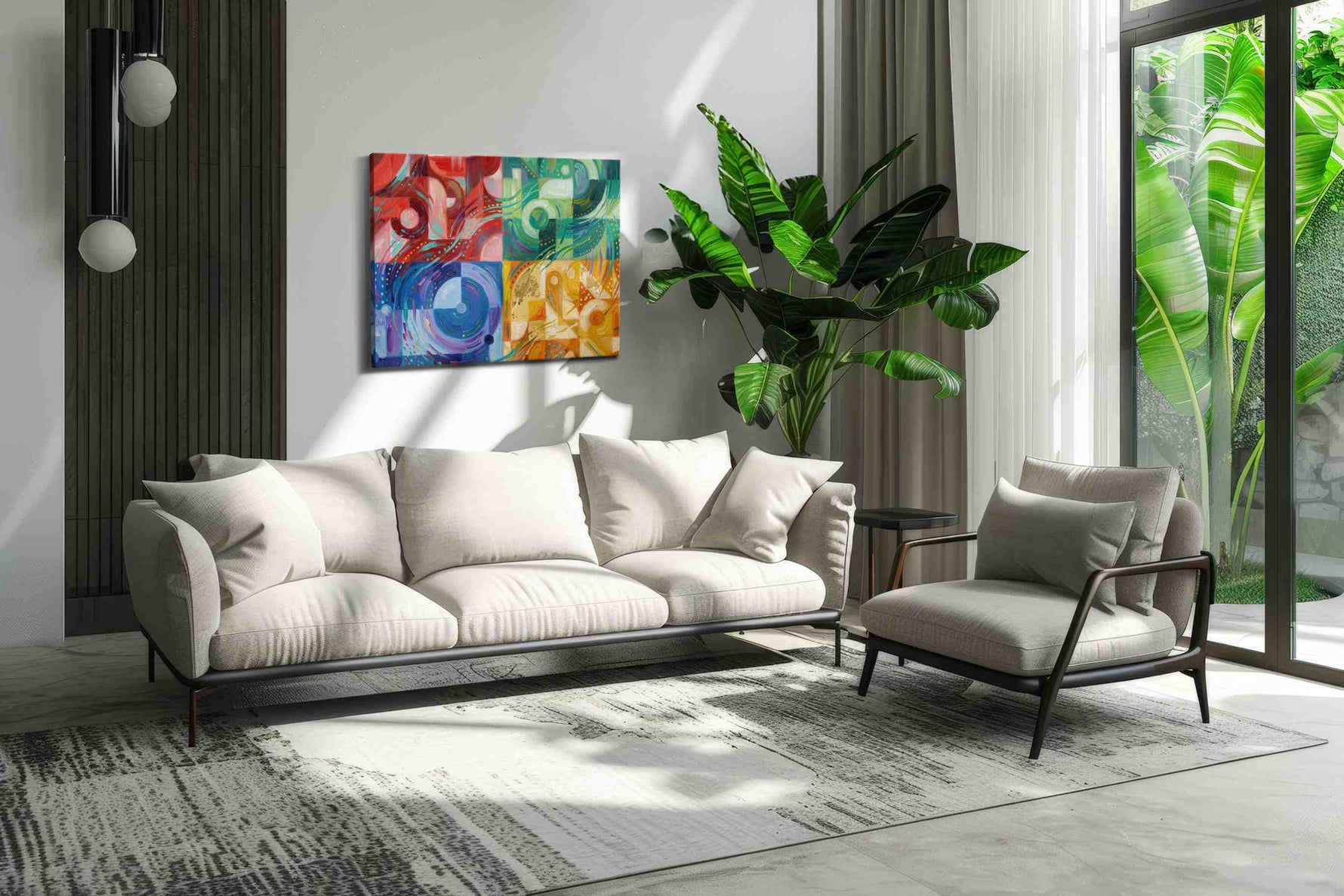Chromatic Whirlwind Symphony geometric canvas print, hanging on wall