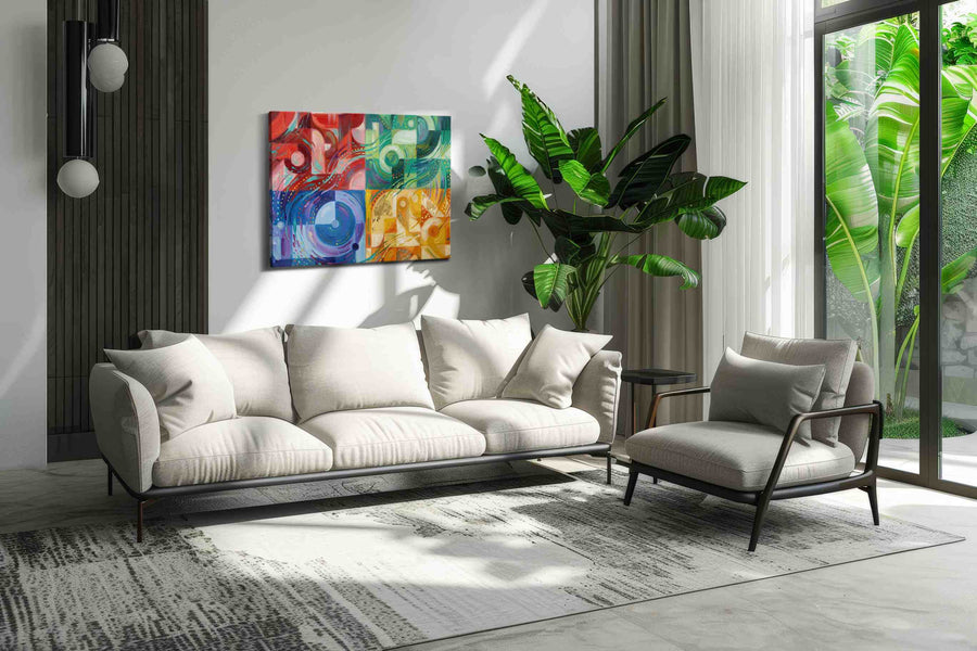 Chromatic Whirlwind Symphony geometric canvas print, hanging on wall