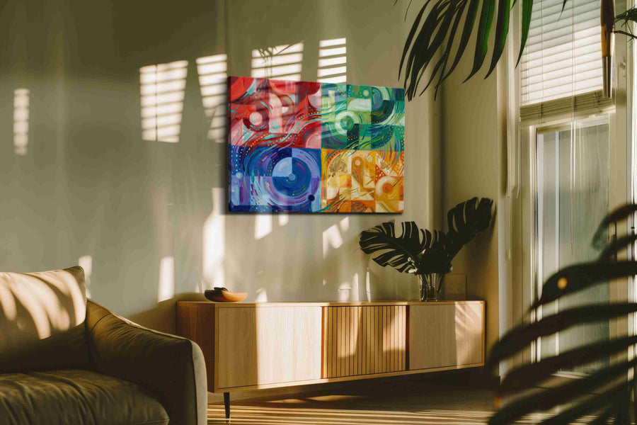 Chromatic Whirlwind Symphony geometric canvas print in a hung canvas mockup