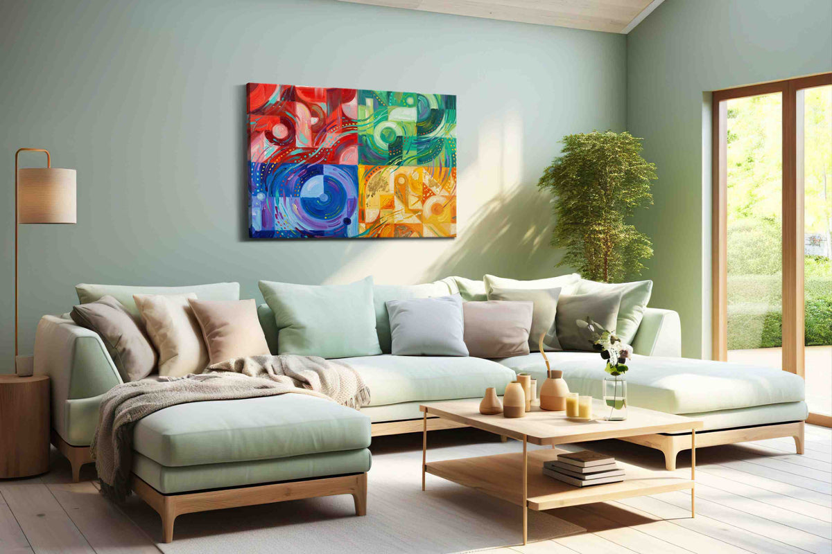 Chromatic Whirlwind Symphony geometric canvas print shown in a wall scene
