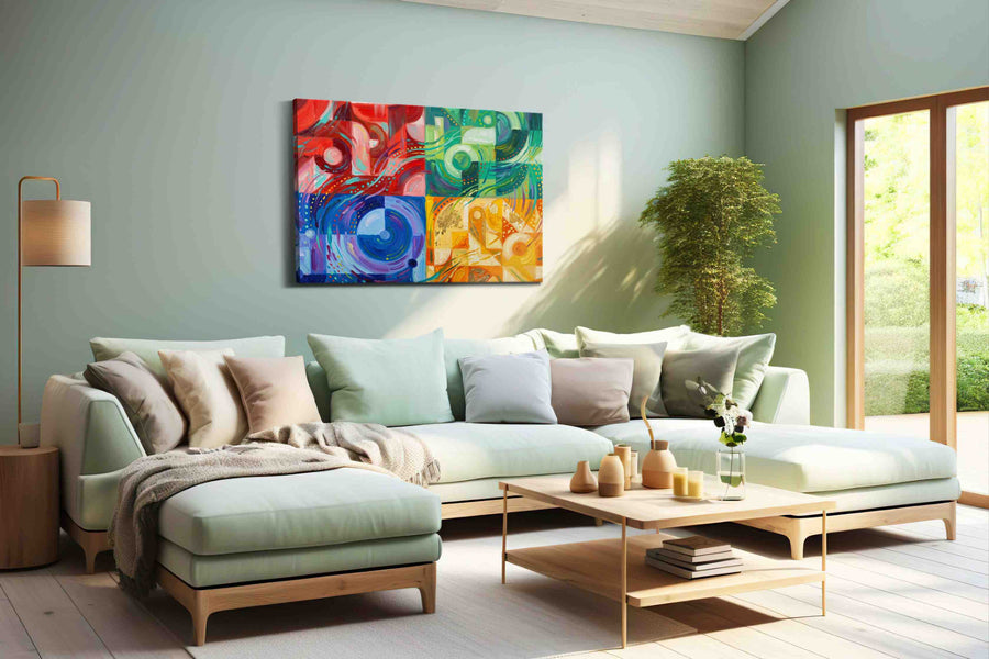 Chromatic Whirlwind Symphony geometric canvas print shown in a wall scene