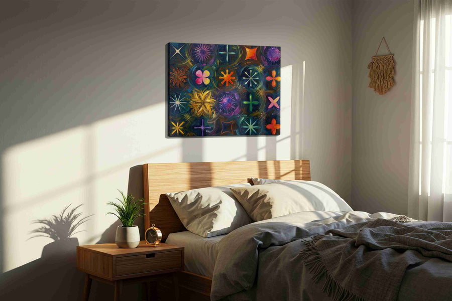 Cosmic Garden Symphony geometric canvas print, displayed in a bedroom