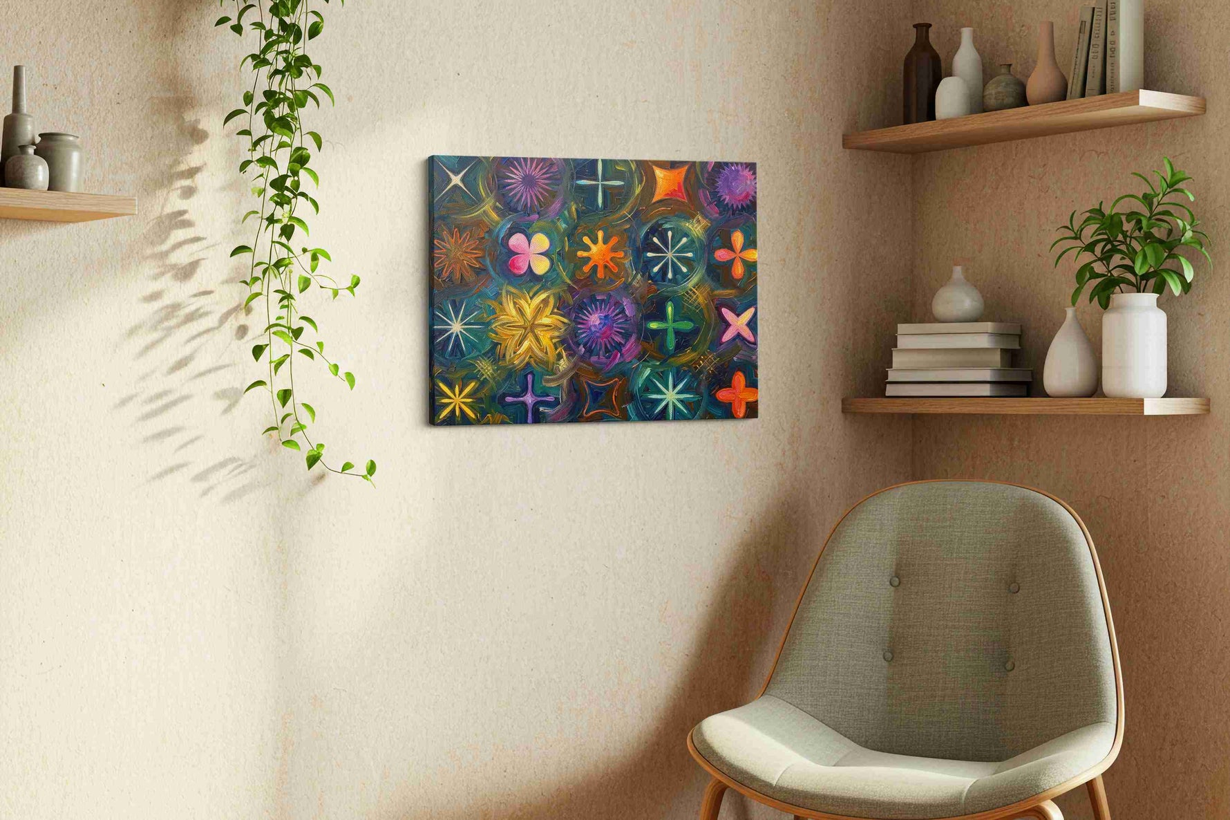 Cosmic Garden Symphony geometric canvas print, displayed in a living room