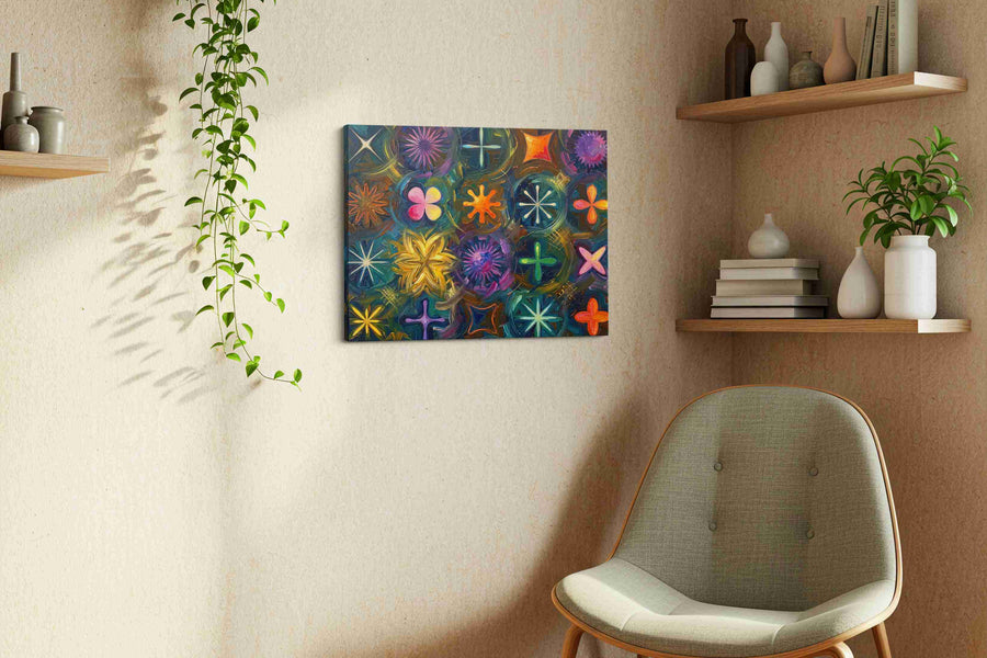 Cosmic Garden Symphony geometric canvas print, displayed in a living room